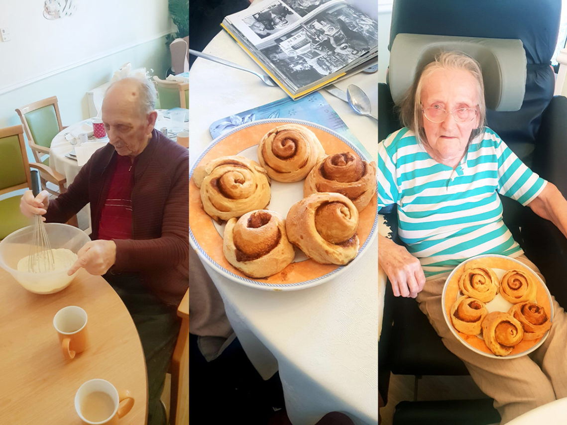 A gentleman resident mixing ingredients for cinnamon buns and a lady resident sitting with a completed plate of buns