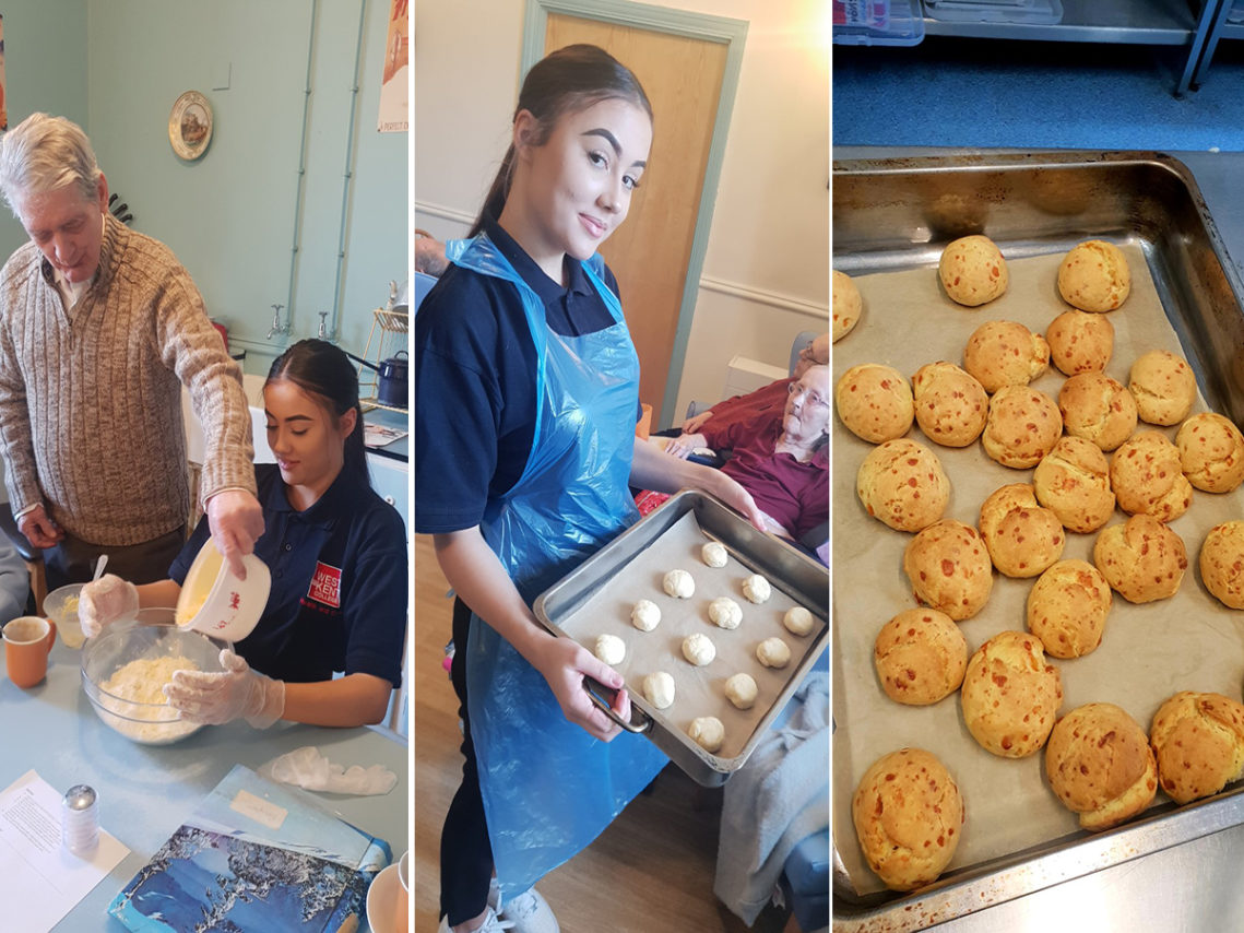 Picture medley showing a student helping make and bake cheese scones with residents from Lukestone Care Home