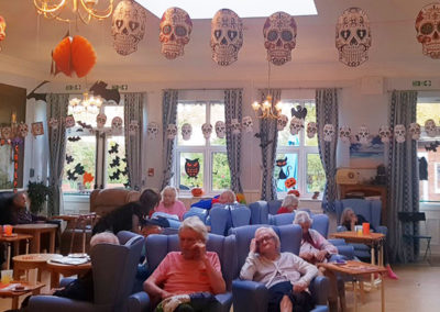 The lounge at Lukestone Care Home decorated for Halloween