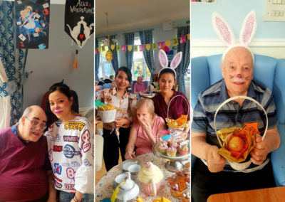 Staff and residents dressed up for a Mad Hatter's Tea Party