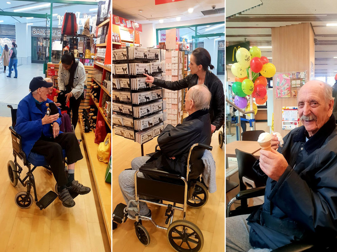 Residents and staff browsing gift shops and enjoying ice creams