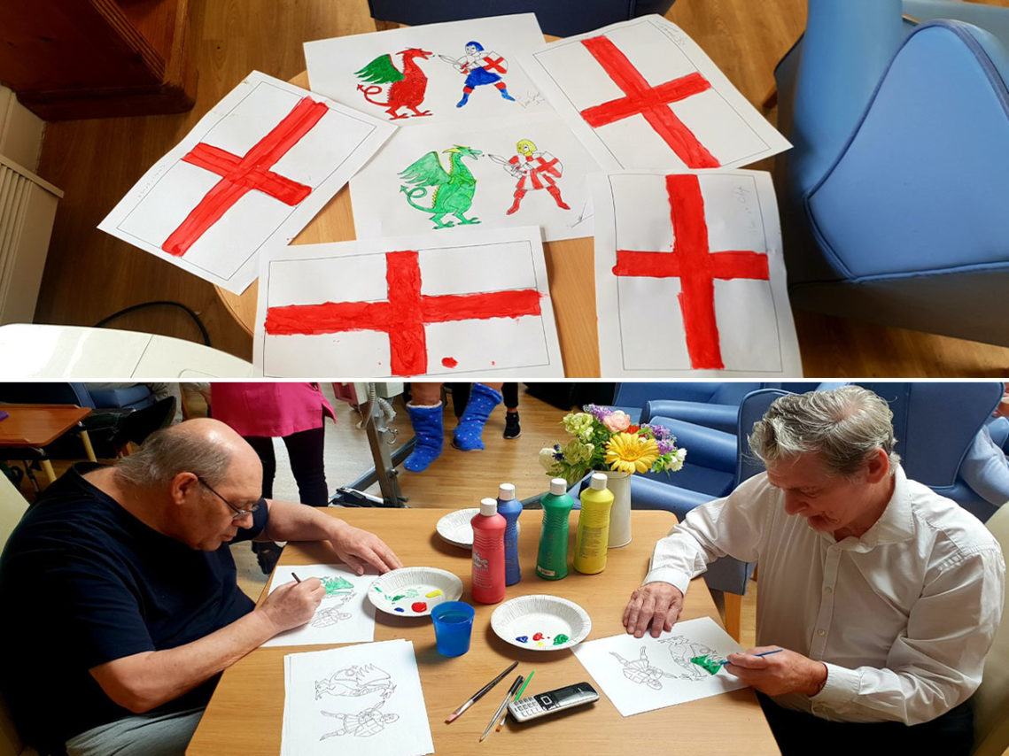 Residents at Lukestone Care Home colouring English flags and St George's Day pictures