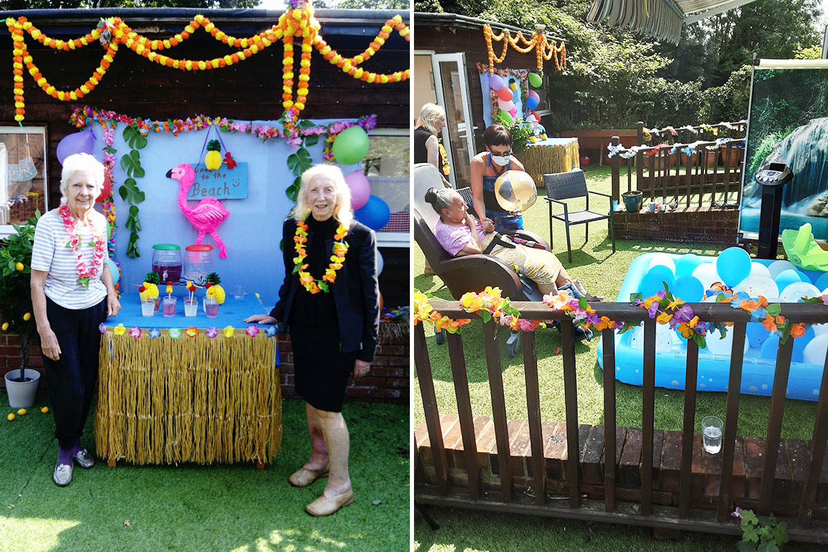 Themed cocktail bar and swimming pool in the garden at Lukestone Care Home