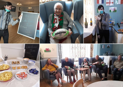 Lukestone Care Home watching the rugby, enjoying a pub themed afternoon