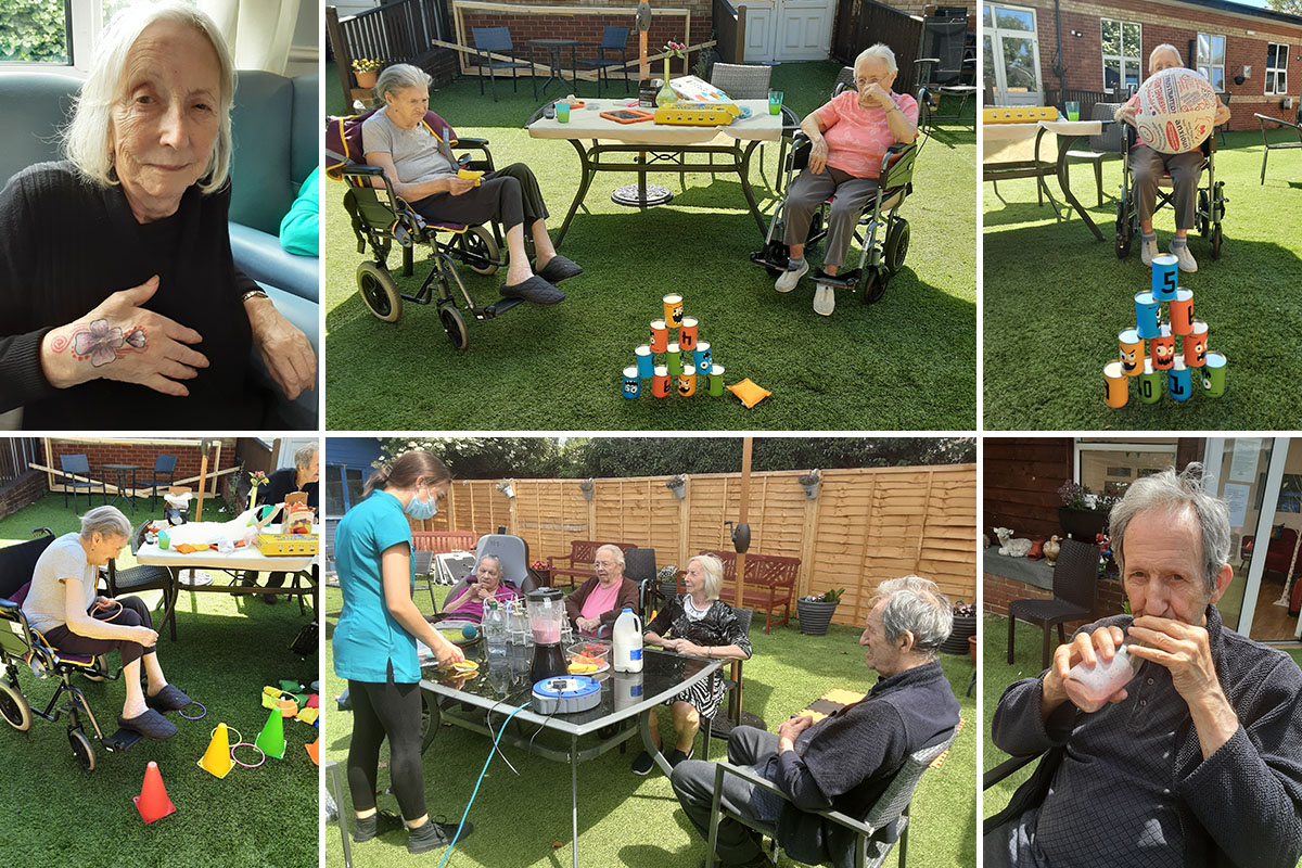 Smoothie making and target games in the garden at Lukestone Care Home