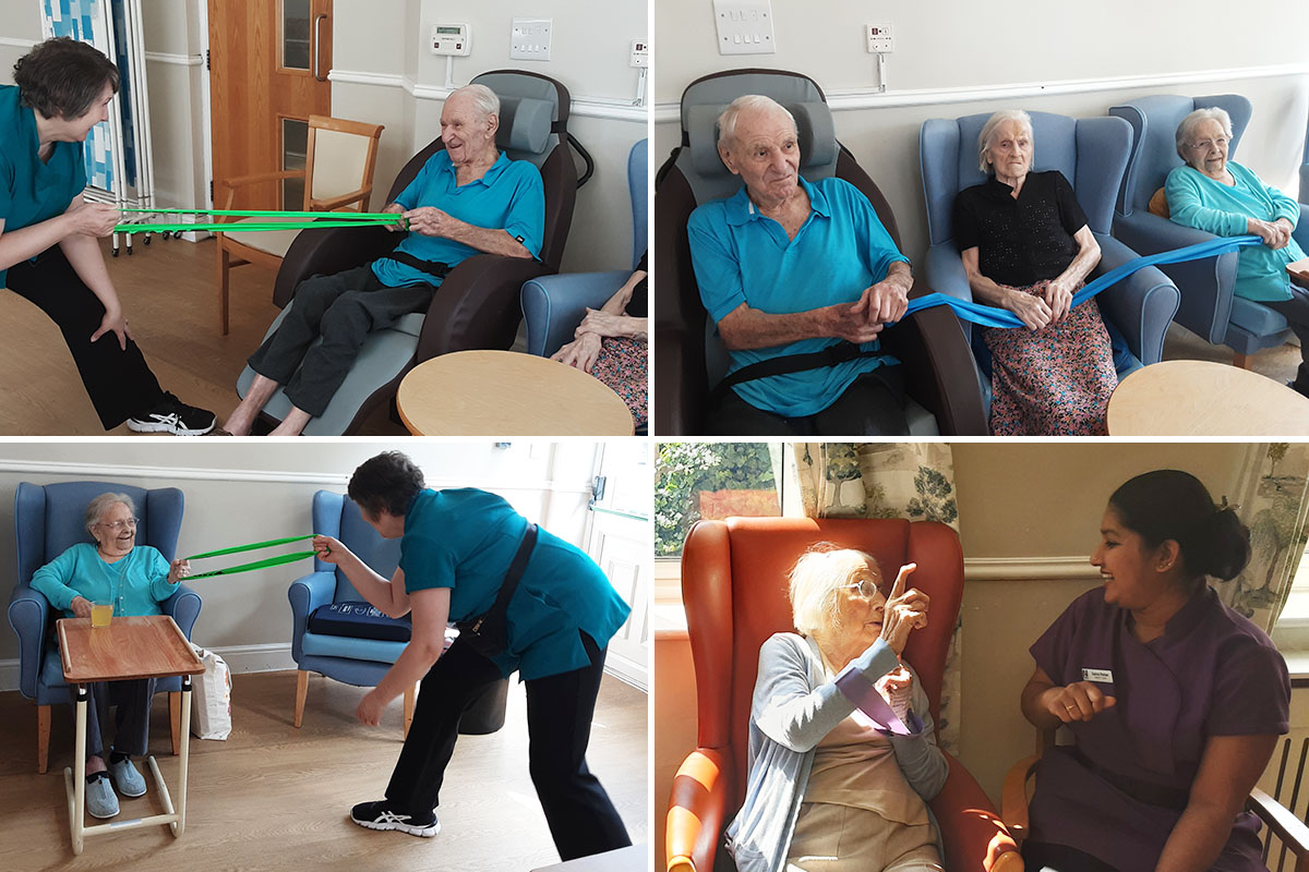 Lukestone Care Home residents working out with resistance bands