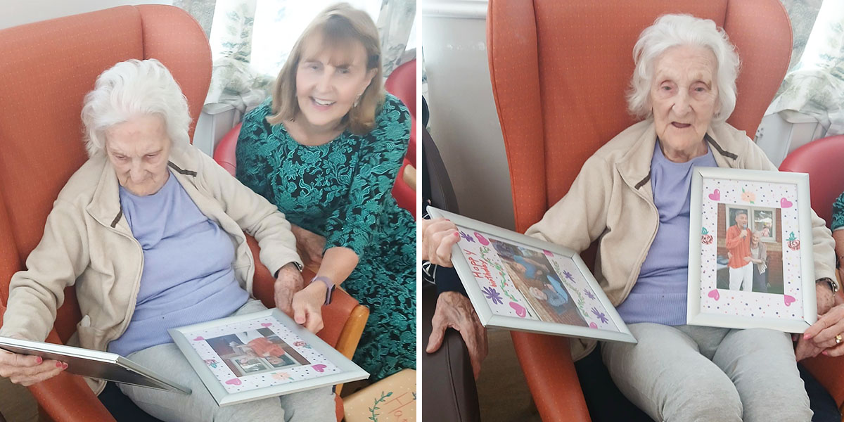 Helen with her birthday gifts at Lukestone Care Home