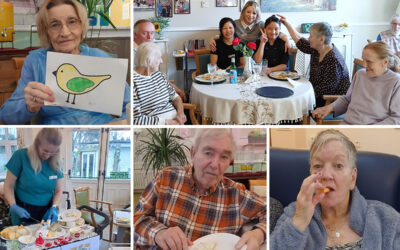 A collage showing residents at Lukestone Care Home enjoying painting activities, a cheese tasting trolley and dining with family members.