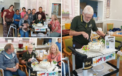 John celebrating his 90th birthday at Lukestone Care Home with family, friends, decorations and a birthday cake.